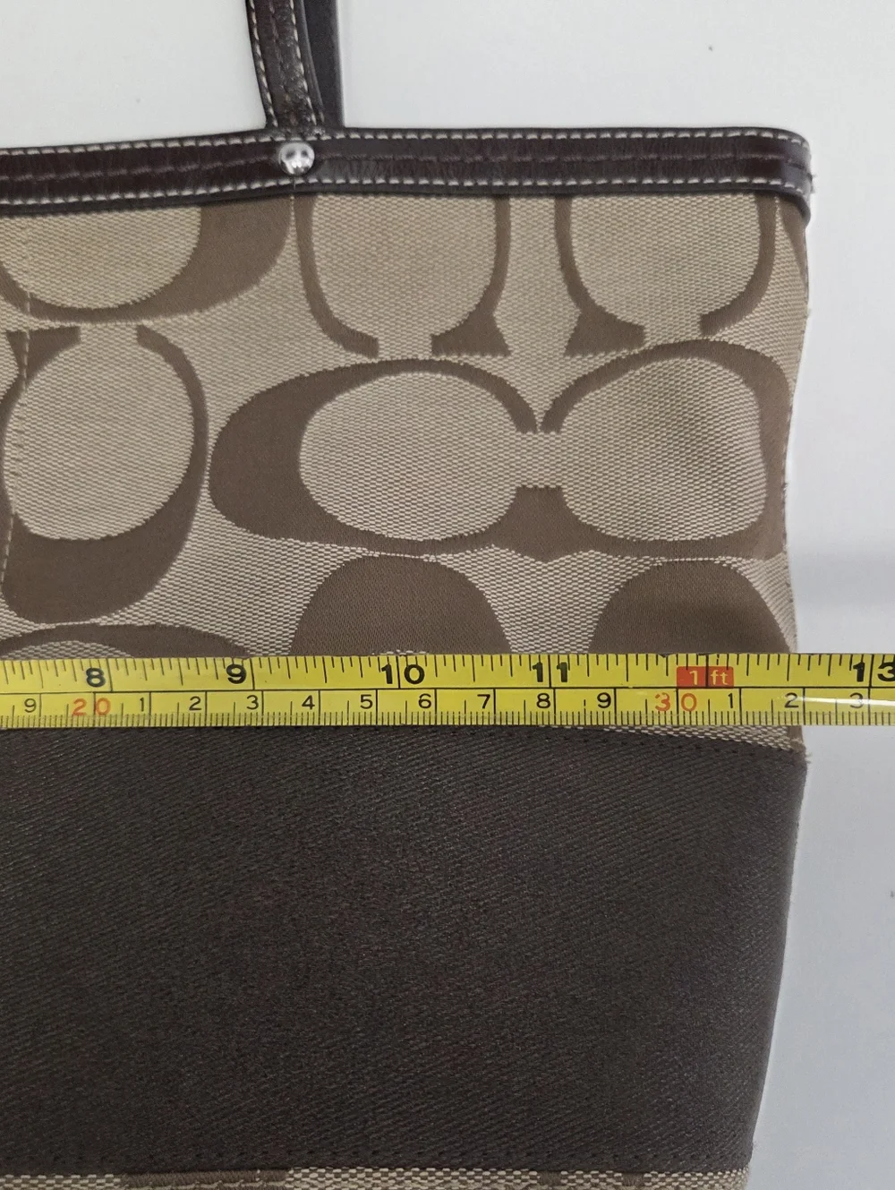 COACH Signature Stripe Tote Brown Khaki Shoulder Bag F13548